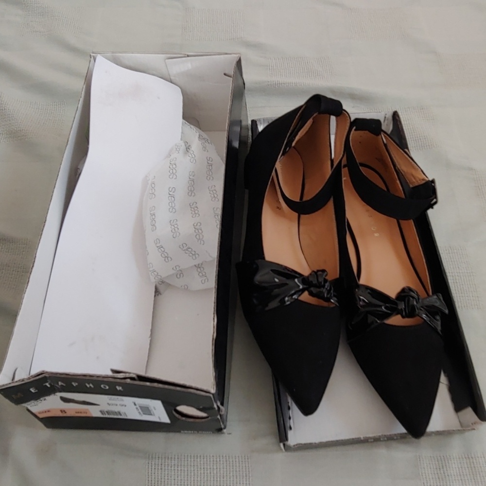Metaphor Black Flats with Bow & Ankle Straps Size 8